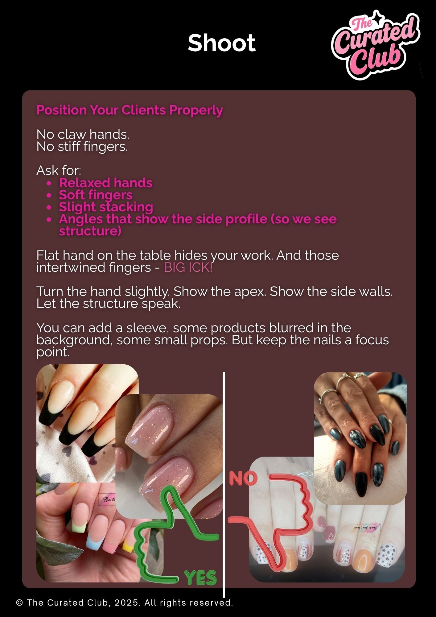 Instructions for positioning clients' hands for nail art photography, with examples and branding from 'The Curated Club'.